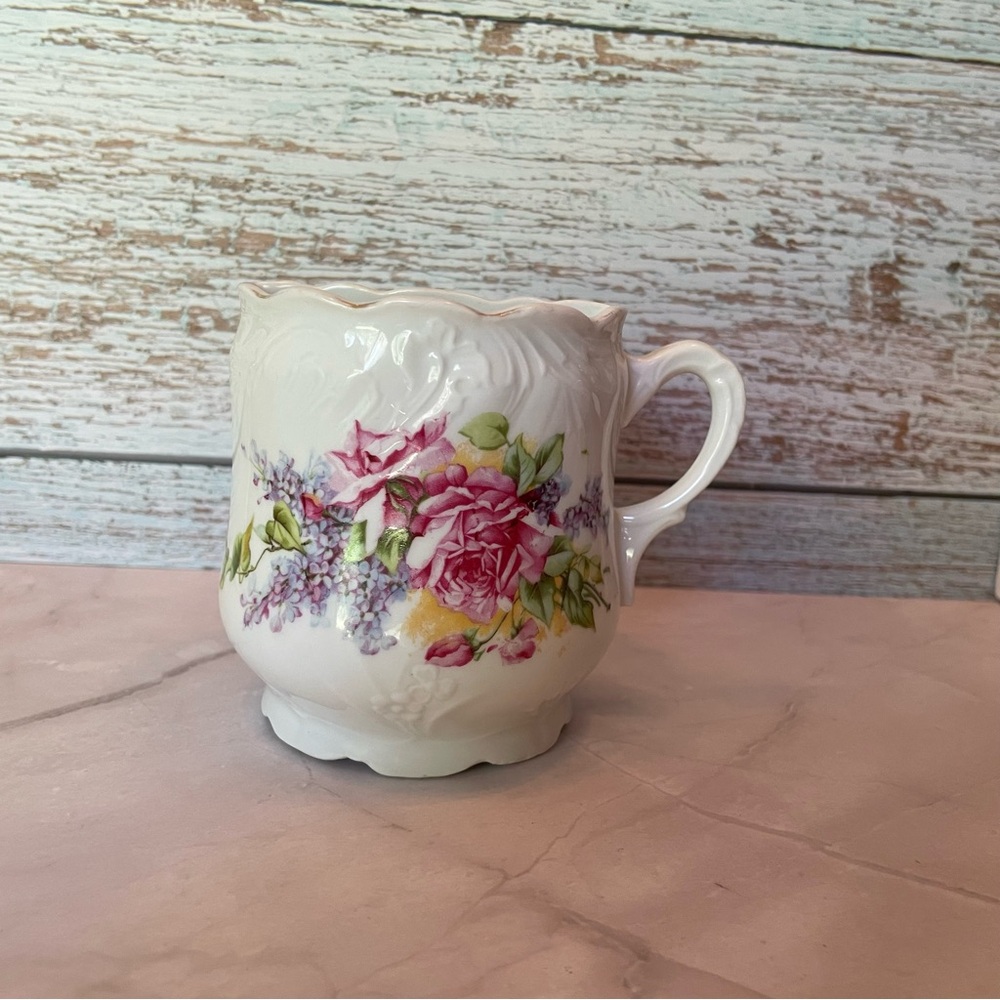 Antique Victorian Shaving Mug or Drinking Cup Porcelain floral pink purple